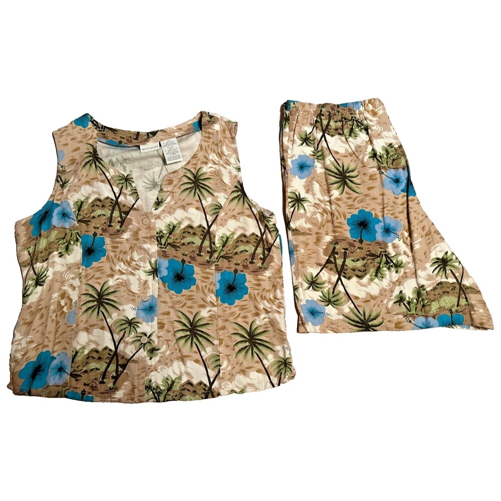 White Stag Outfit Womens Size L Hawaiian Sleeveless Top/Shorts Blue Hibiscus Vtg